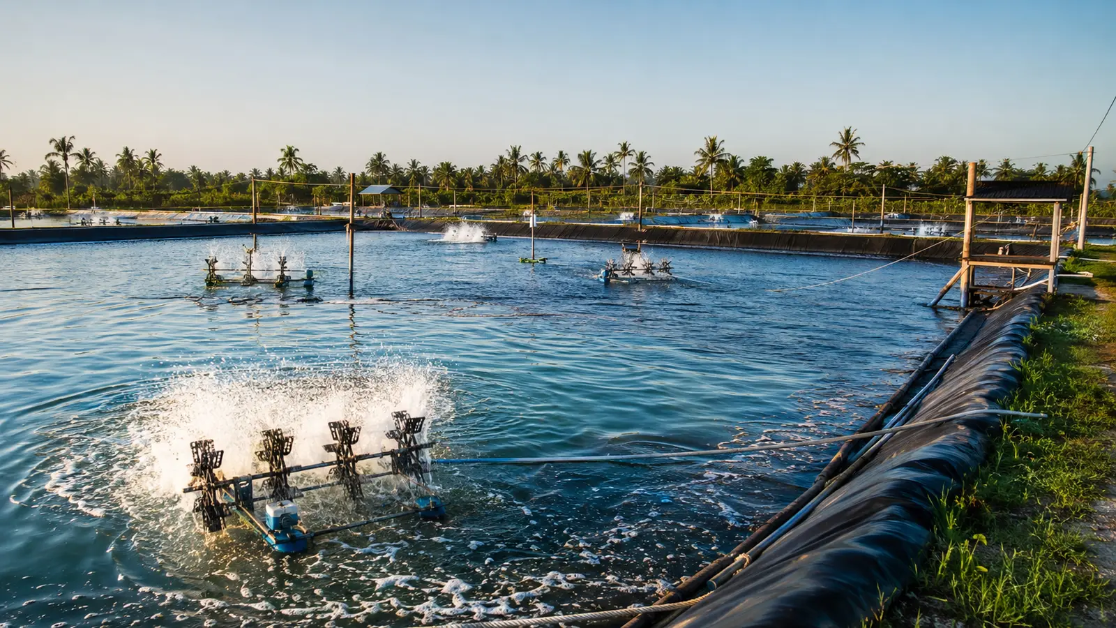 Operational Indonesian vannamei shrimp farm with ponds and paddlewheel aerators